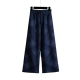 Sleek Navy Blue Knit Wide-Leg Pants with Cross-Stripe Pattern