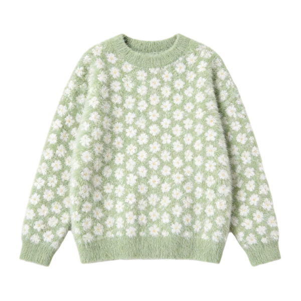 Light Green & White Daisy Pattern Fuzzy Knit Pullover