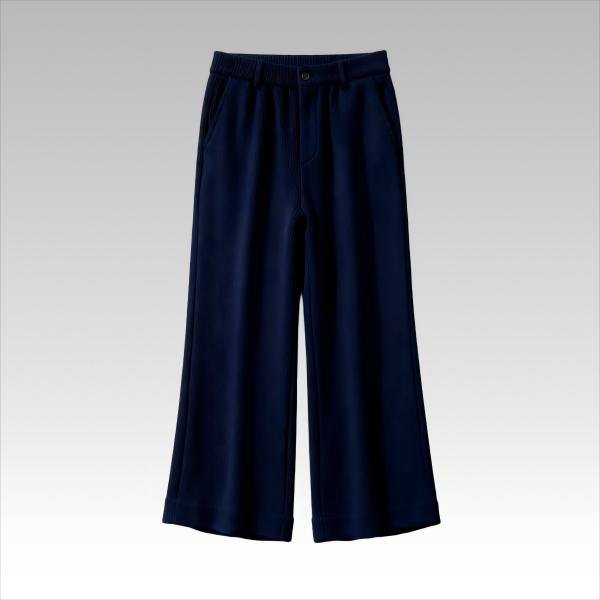 Women's Wide Leg Casual Pants - Navy Blue Soft Knit Elastic Waist Trousers