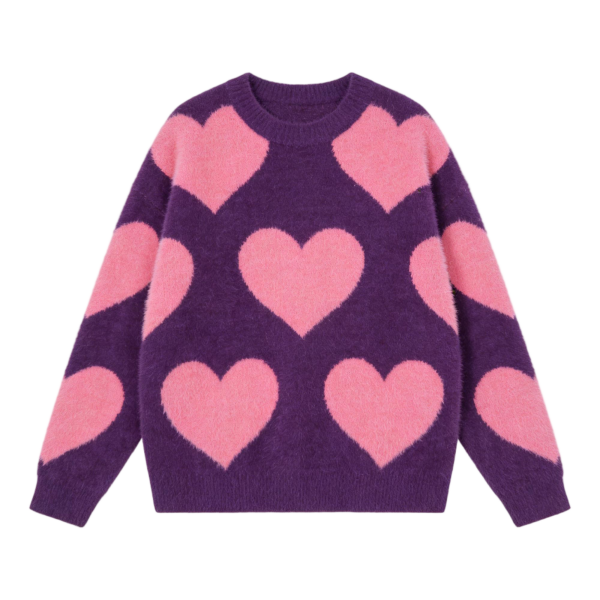 Purple & Pink Heart Pattern Fuzzy Knit Pullover