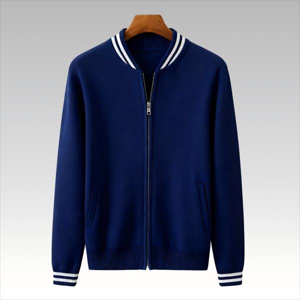 Men's Varsity Style Knit Jacket - Navy Blue Baseball Collar Full-Zip Striped Cuff Casual Outerwear